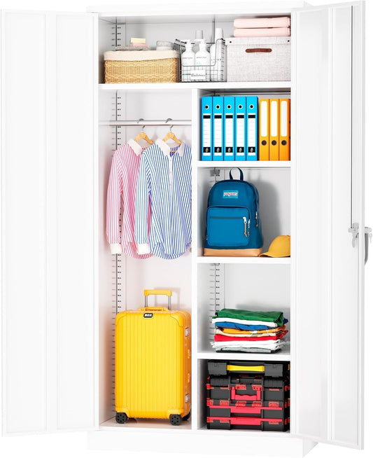 INTERGREAT Metal Storage Cabinet with Lock,White Armoire Wardrobe Closet with Lockable Doors,72" H Storage Closet Cabinets for Home,School,Office,Bedroom
