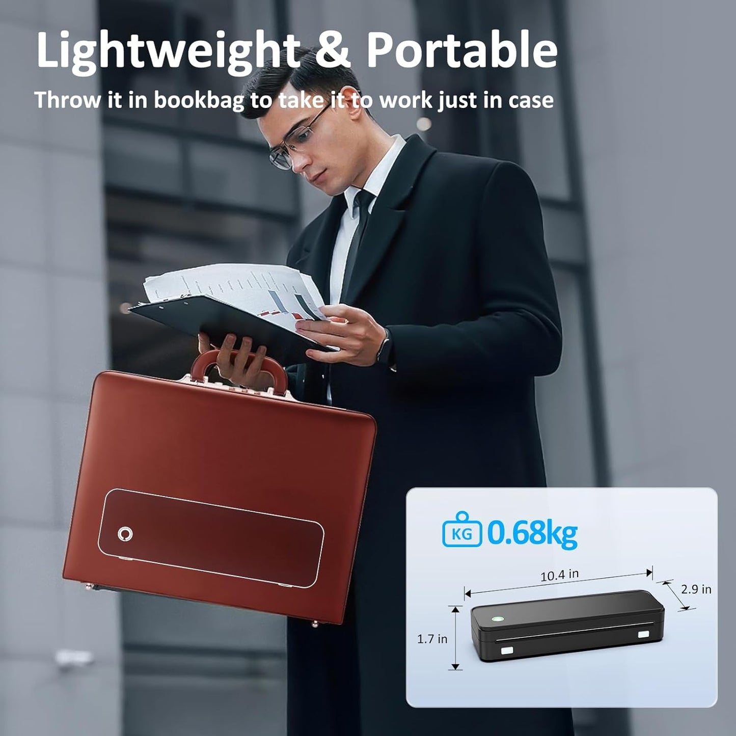Inkless Portable Printer for Travel, Wireless Thermal Printer Supports 8.5 x 11 Inch Thermal Paper, Bluetooth Machine Includes Carry Case and 3 Rolls of Paper Kit, Black
