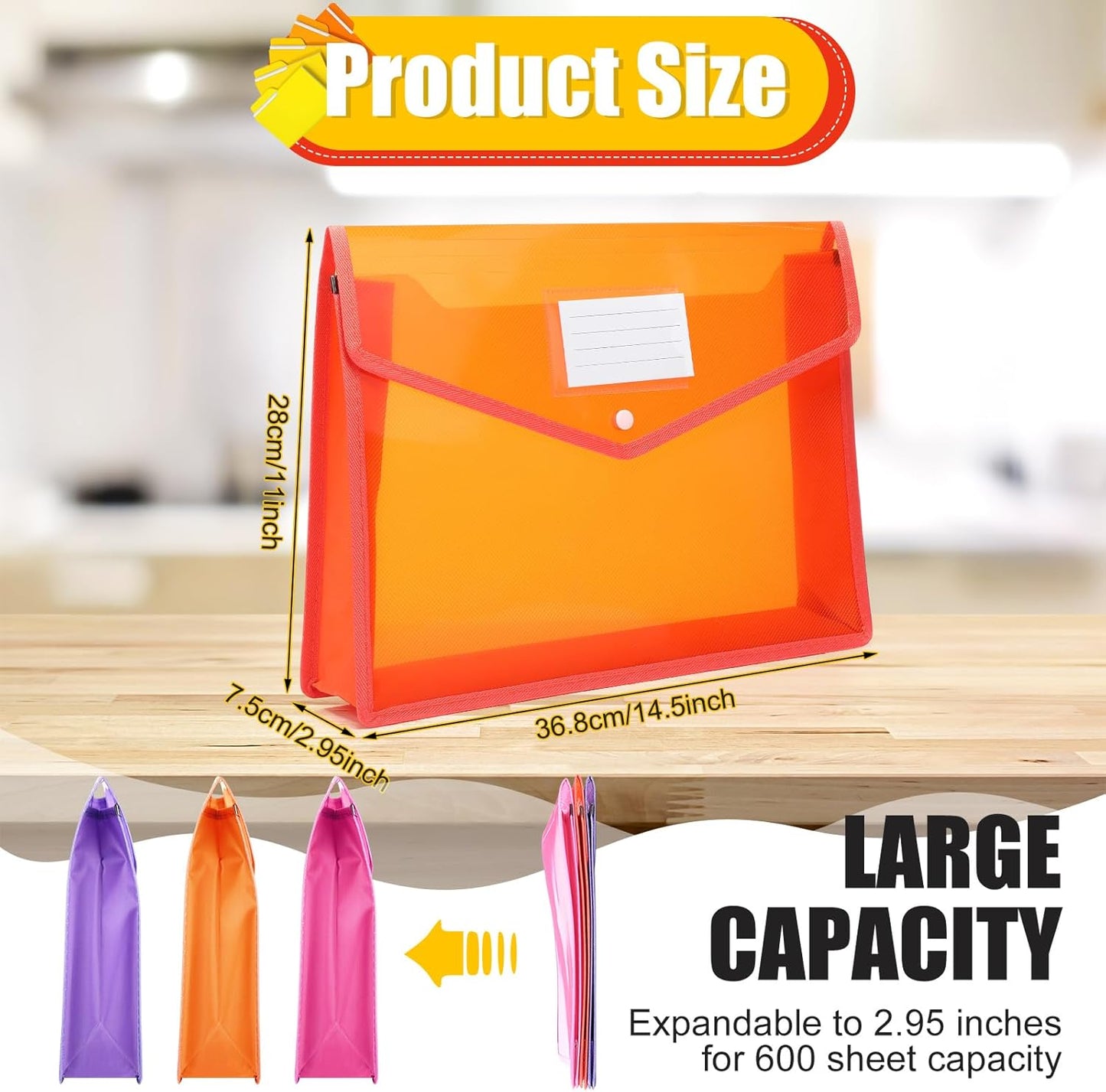Epakh 3 Pack B4 Plastic Expanding File Folders Wallet for School Classroom Envelope File Folder Document Organizer Colorful Receipt Organizer with Snap Closure for Office (Pink Purple Orange)