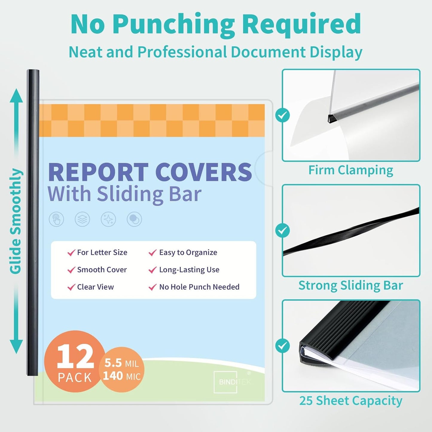 Binditek 12 Pack Clear Report Covers with Sliding Bars, 5mm Sliding Bar File Folder, 25 Sheet Capacity, Letter Size, Multi Color (White, Yellow, Red, Green, Navy, Black), Office Supplies