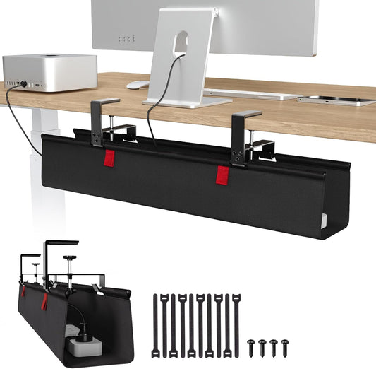 Univivi No Drill Under Desk Cable Management Tray, 28" Cord Organizer for Table, Clamp/Screw Mount Desk Cable Management, Premium Fabric Cable Management Tray for Office, Home
