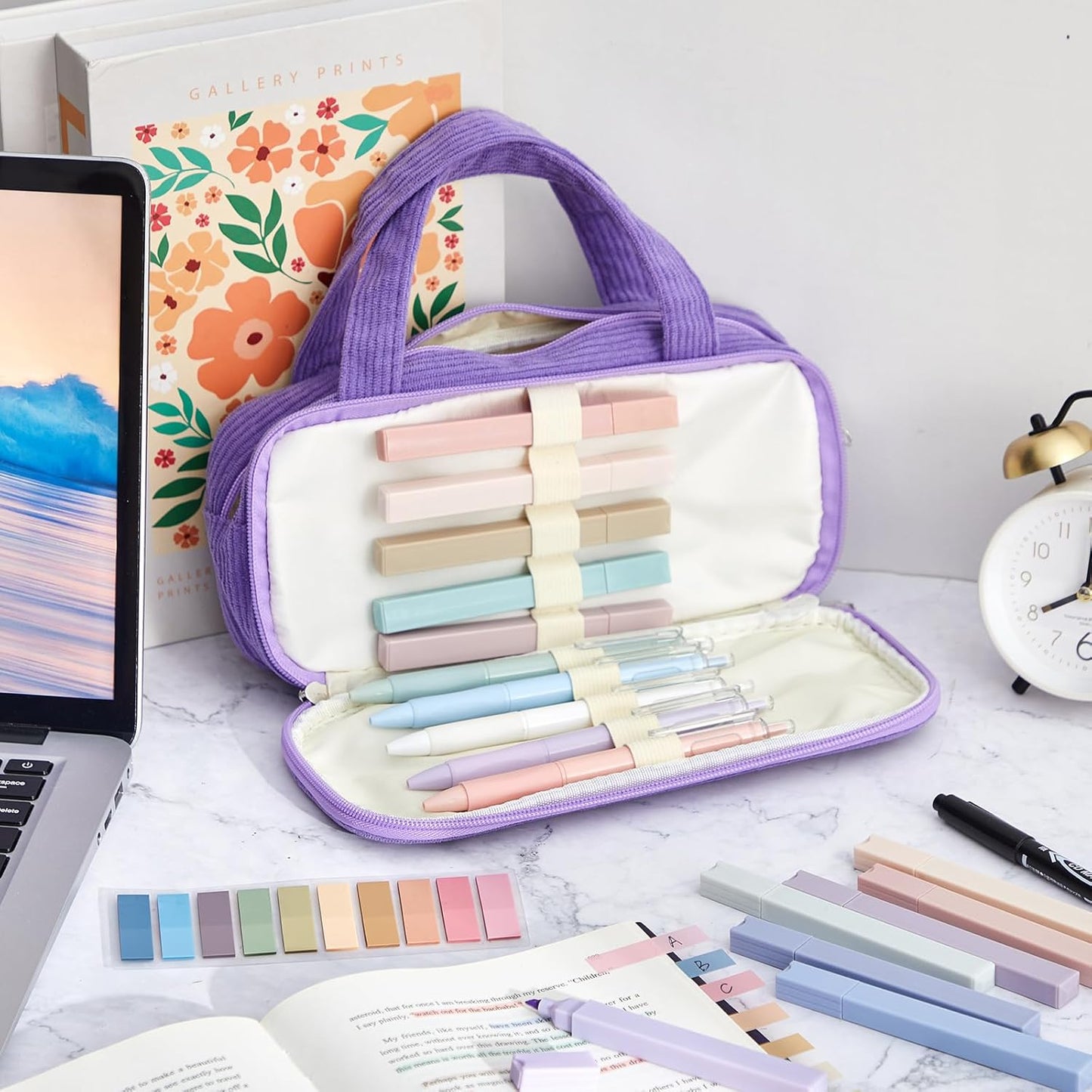 Jutom 39 Pcs Aesthetic Book Annotation Kit Highlighter with Pencil Case Bag Gel Pen Transparent Sticky Note Taking Bible Study College School Supplies(Dark Purple,Classic Style)