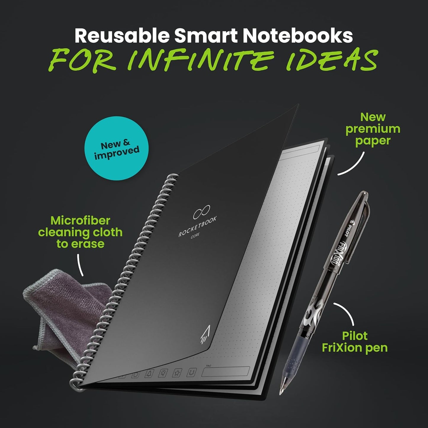 Rocketbook New Core Reusable Spiral Notebook, Letter Size 8.5x11, Black - Dotted Pages, App-Connected, Erasable, Durable Cover, Ideal for School, Work, and Creative Projects