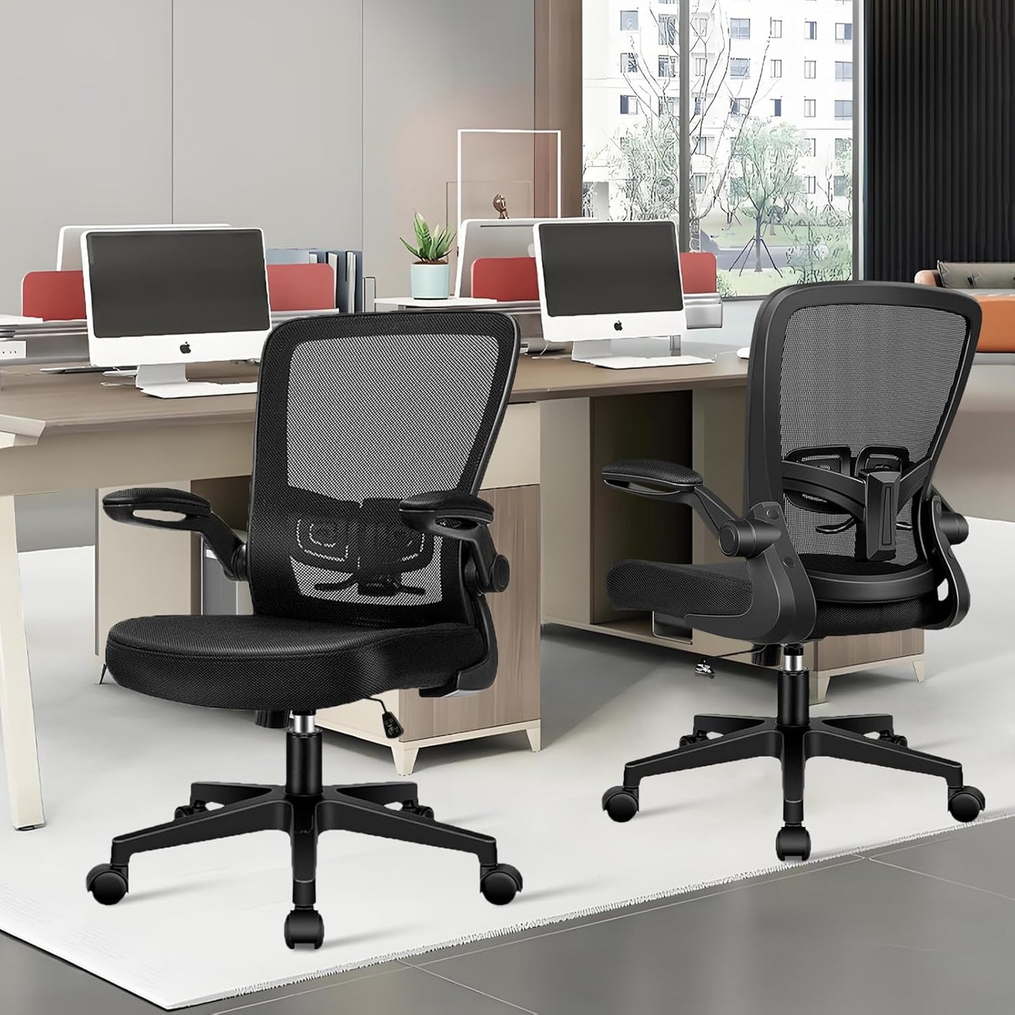 Desk Chairs with Wheels, Ergonomic Mesh Office Chair Adjustable Height and Swivel Lumbar Support Home Office Chair with Flip Up Armrests, Set of 4