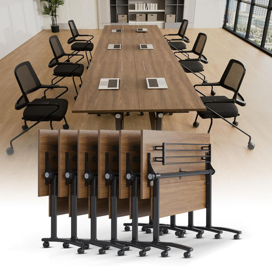 Conference Room Table with Silent Wheels, Mobile Folding Conference Table for 16 Person,Flip Top Office Training Tables with Walnuts Wood Tabletop, for School,Business Meeting Rooms (6 Pack 47in)