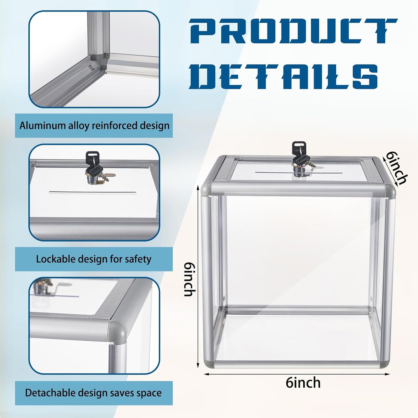 Acrylic Donation Raffle Box with Slot & Lock, Large Clear Ballot Offering Suggestion Ticket Holder for Fundraising Drawing Storage Container Tip Jar Voting Charity(6 x 6 x 6 In,Clear)