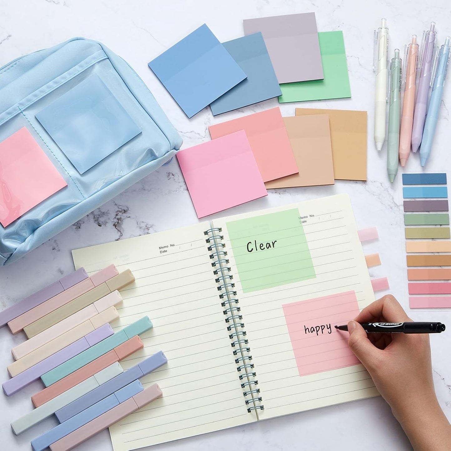 Jutom 39 Pcs Aesthetic Book Annotation Kit Highlighter with Pencil Case Bag Gel Pen Transparent Sticky Note Taking Bible Study College School Supplies(Blue,Kawaii Style)