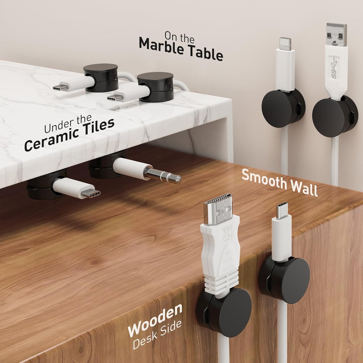 AGPTEK 8 Pack Magnetic Cable Clips, Upgraded 360° Rotatable Cord Holder Clips for Nightstand, Desk Cord Organizer Adhesive Wire Management Home Office Phone Charging Cords USB Cable Keeper (Black)