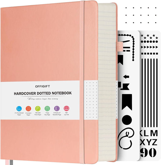 Bullet Dotted Journal Notebook, 312 Numbered Pages A5 Hardcover Leather Journal, 100gsm No Bleed Paper Dot Grid Notebook with Index Pages, Dot Journal for Women Men, 5.75" x 8.38", Pink