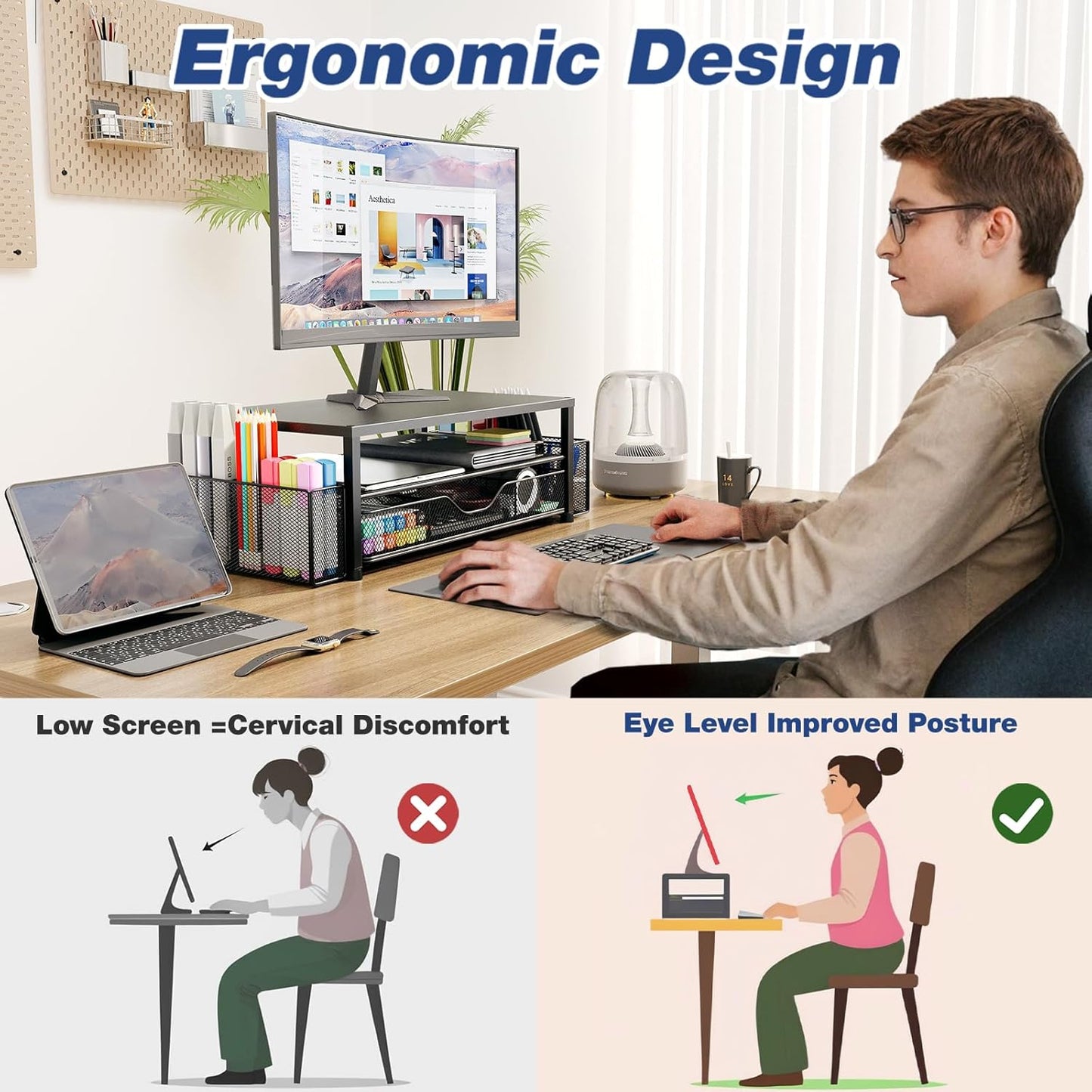 Desk Organizers and Accessories, 2-Tier Computer Monitor Stand Riser with Drawer and 2 Pen Holders, Laptop Stand, Office Desk Accessories for Office Supplies, Purple