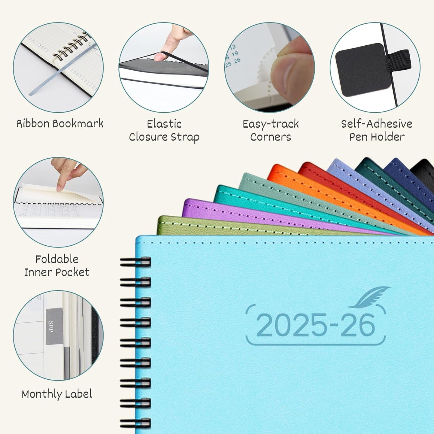 BEZEND Pocket Planner 2025-2026 Weekly and Monthly, 3.5" x 6" Academic Planner (Jul 25-Dec 26) 18-Month Mid-Year Calendar Book, Storage Pocket, Pen Holder, PU Leather Softcover, Spiral - Mint Green