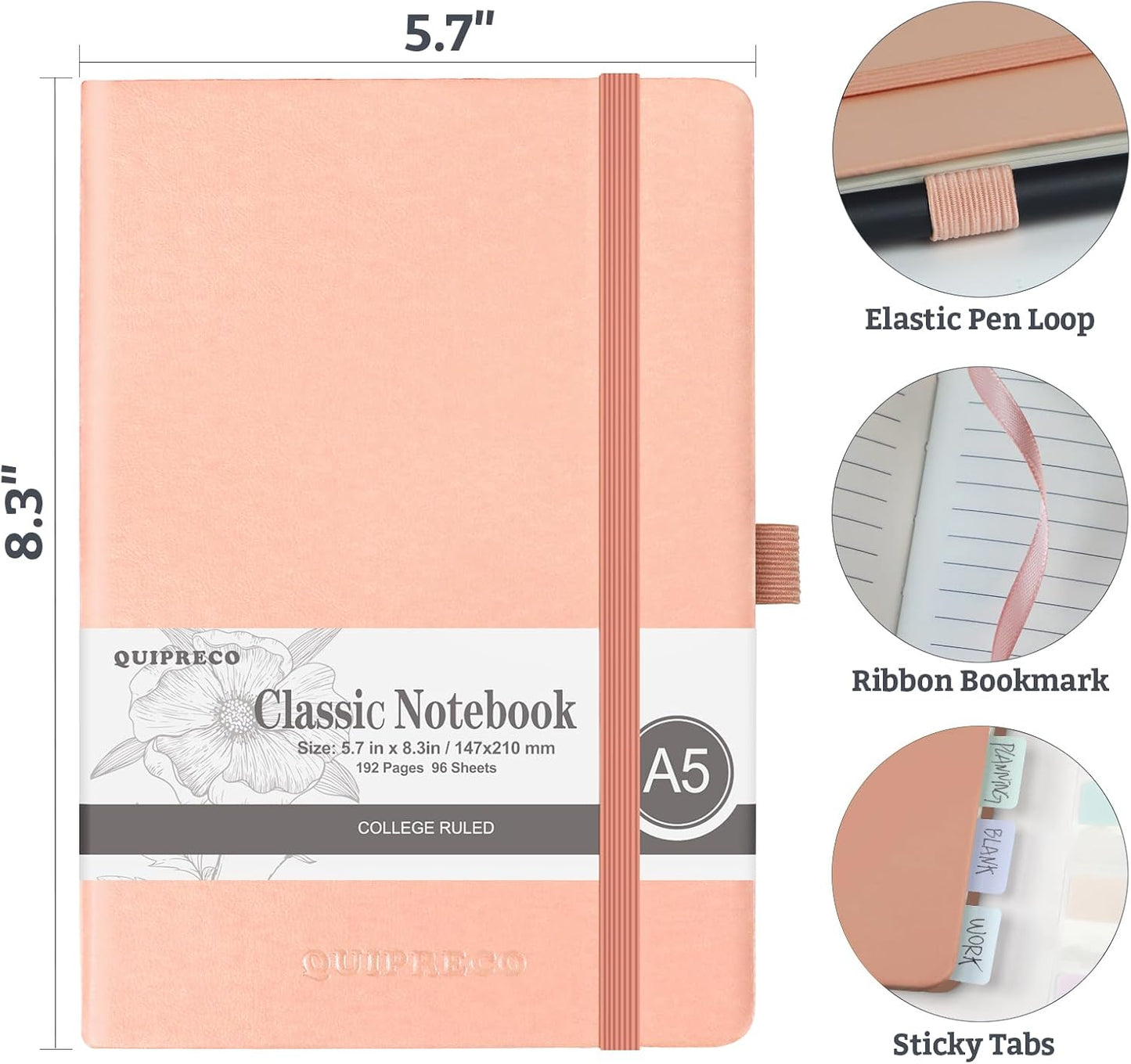 Hardcover Lined Bullet Dotted Journal Notebook, A5 140 192 Pages 100 120Gsm Paper College ruled for School,Work,Travel,and Daily Planning，5.7''*8.3'' (2, Blush, A5 Lined)