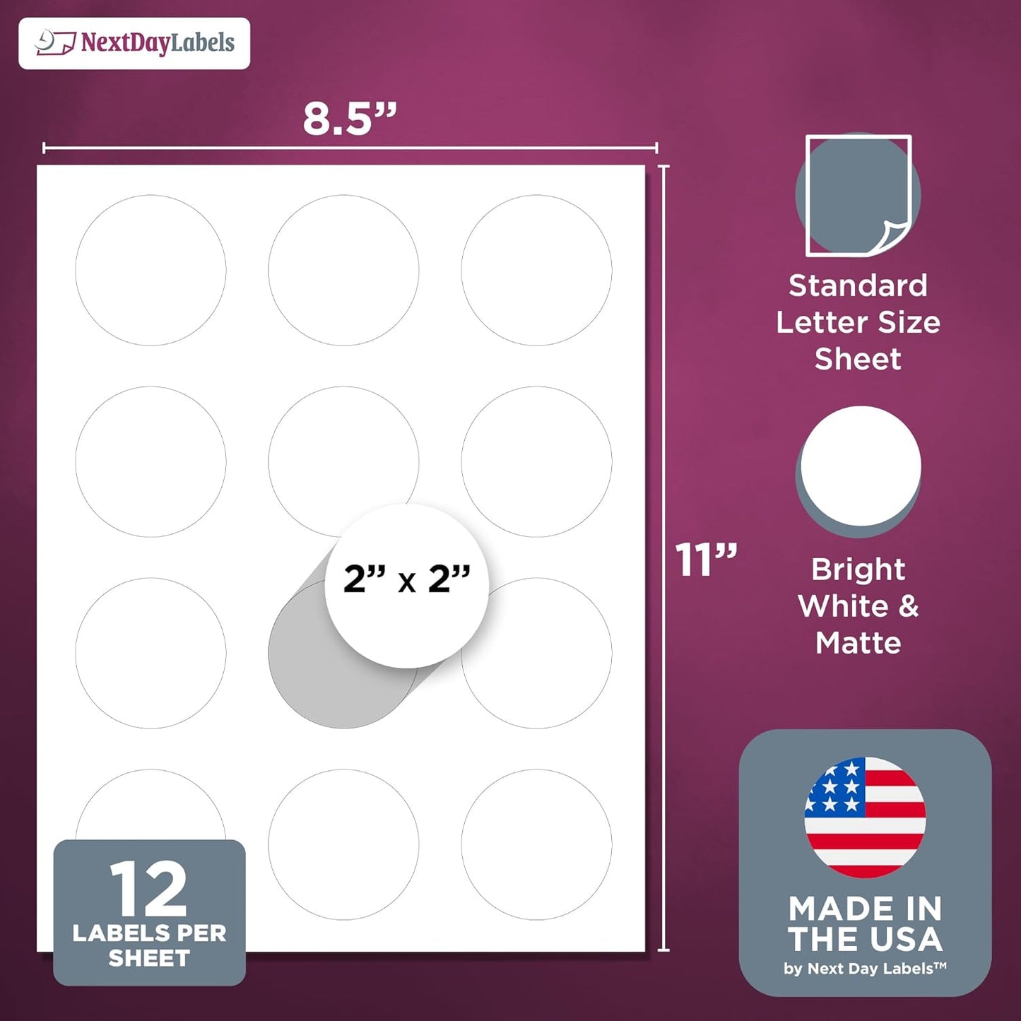 NextDayLabels - 2 Inch Round Matte White Blank Labels for Bleeds - Laser/Inkjet Printable Circle Stickers (50 Sheets, 12 Per Sheet, 600 Labels)