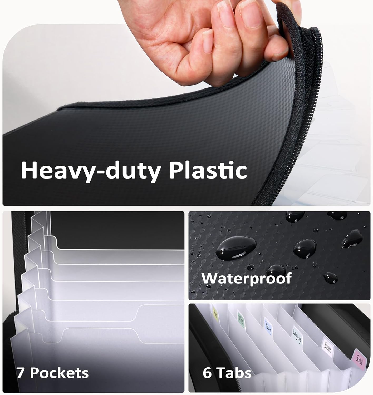 Sooez 7 Pockets Accordion File Organizer, Zipper Expanding File Folder, Heavy Duty Folder Organizer, Sleek Letter Size Accordion Folder, Portable Expandable File Folder, 14 x 11.2 Inch, Black