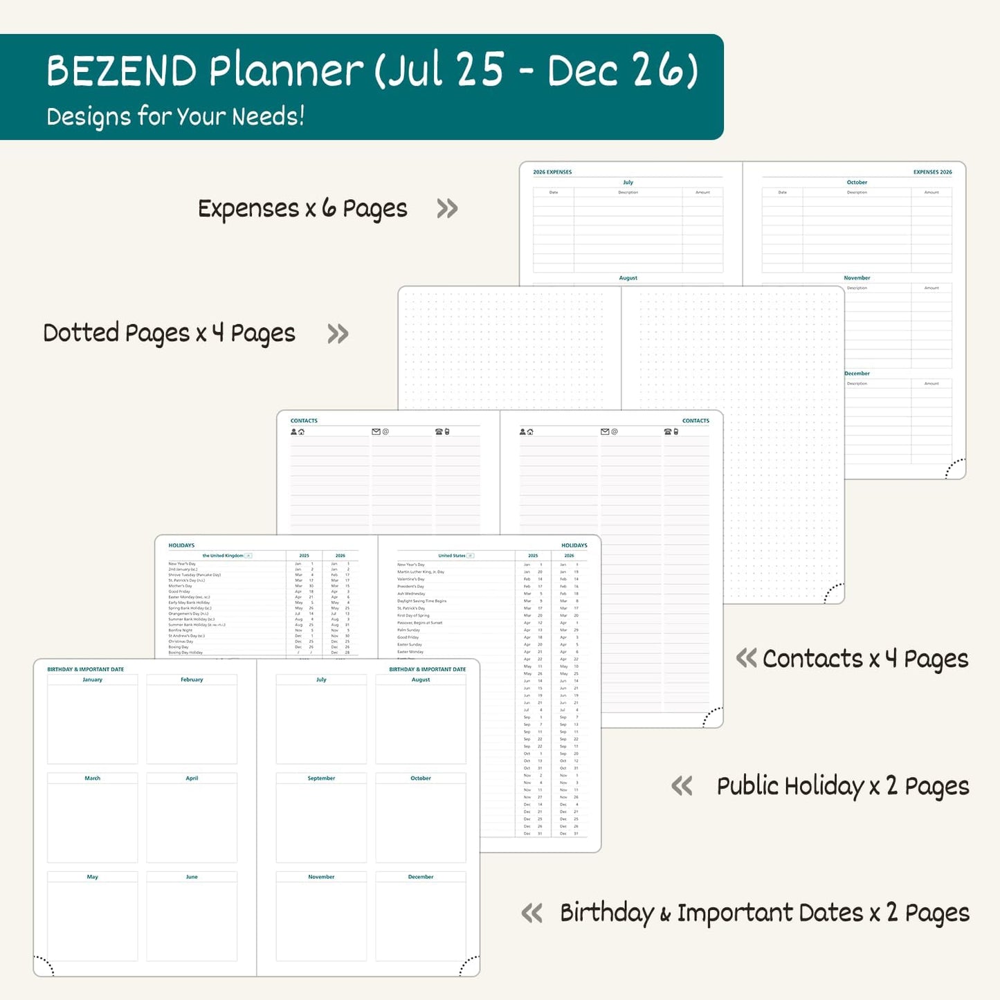 BEZEND Weekly Planner 2025-2026 with 2 Columns, 5.8" x 8.5" Academic Calendar 18 Months (Jul 25-Dec 26) Life Work Appointment Book with Monthly Tab, PU Leather Hardcover - Black