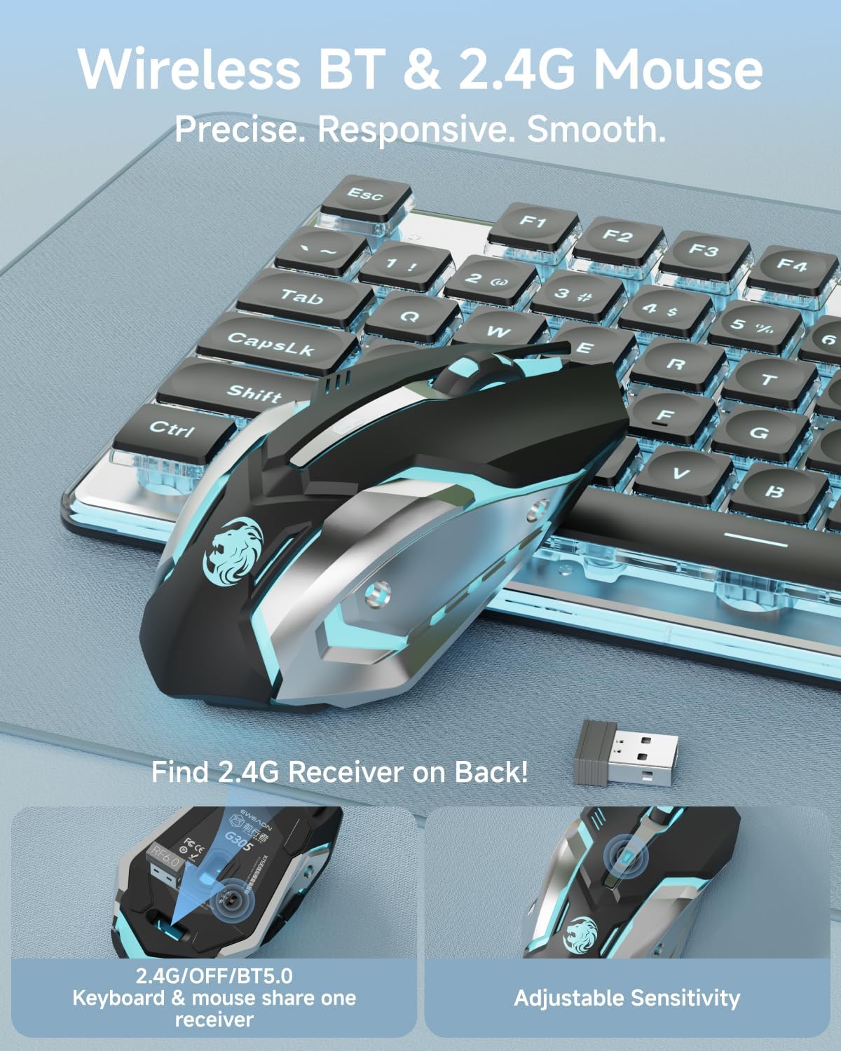 EWEADN V3 Wireless Keyboard and Mouse with Blue Backlit, Metal Panel, Bluetooth/2.4G Rechargeable Computer Keyboard and Mouse Combo Silent Lighted Full Size Cordless Keyboards-Black