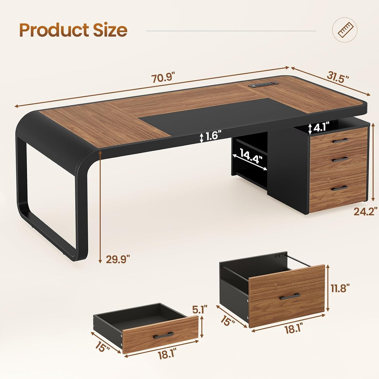 Itaar 70.9" Executive Desk, Large Computer Desk with Drawers and Lateral File Cabinet, Office Desk with Removable Shelves, Business Furniture Desk Workstation for Home Office, Walnut