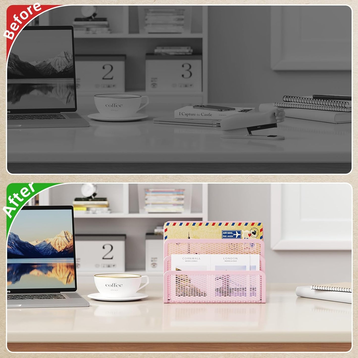 Marbrasse Mail Organizer for Desk, 3-Slot Mesh Metal Mail Holder countertop, Letter Holder, Office Desktop Envelope and Document Storage Rack (Pink)