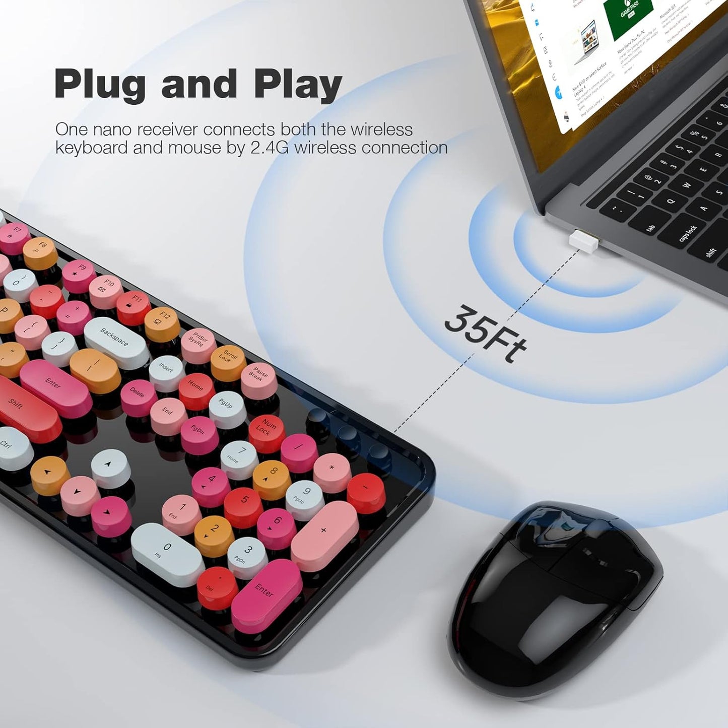 MOFII Wireless Keyboard and Mouse Combo, Black Colorful 2.4GHz Full Size Keyboard with Round Keycaps, Retro Keyboard Cute Wireless Mouse for Laptop, PC, Chromebook, Smart TV, Windows