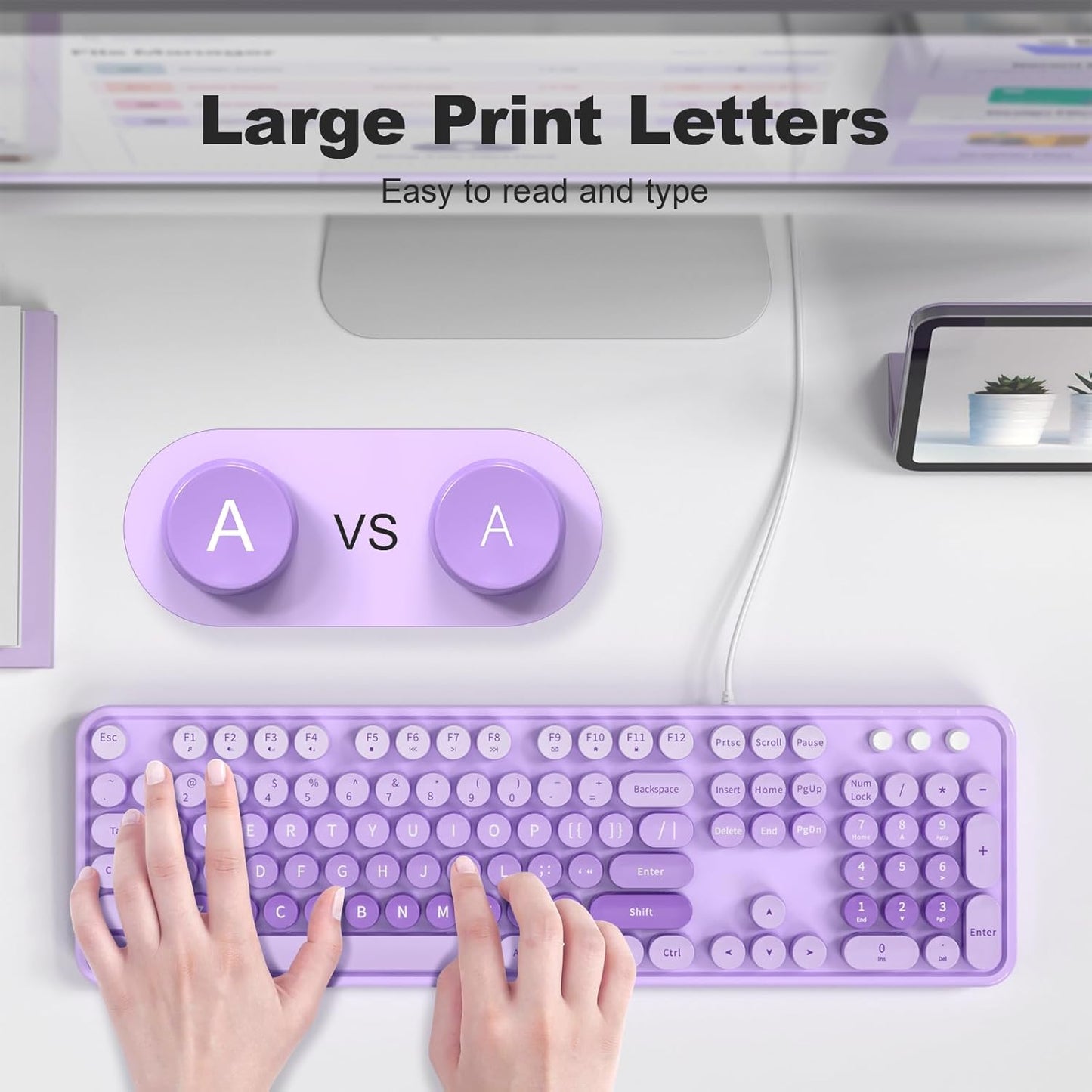 Large Print Wired Keyboard, 104 Keys Full-Sized Typewriter Keyboards, USB Plug and Play Office Keyboard with Number Pad, Caps Indicators, Foldable Stands for Windows, PC, Laptop