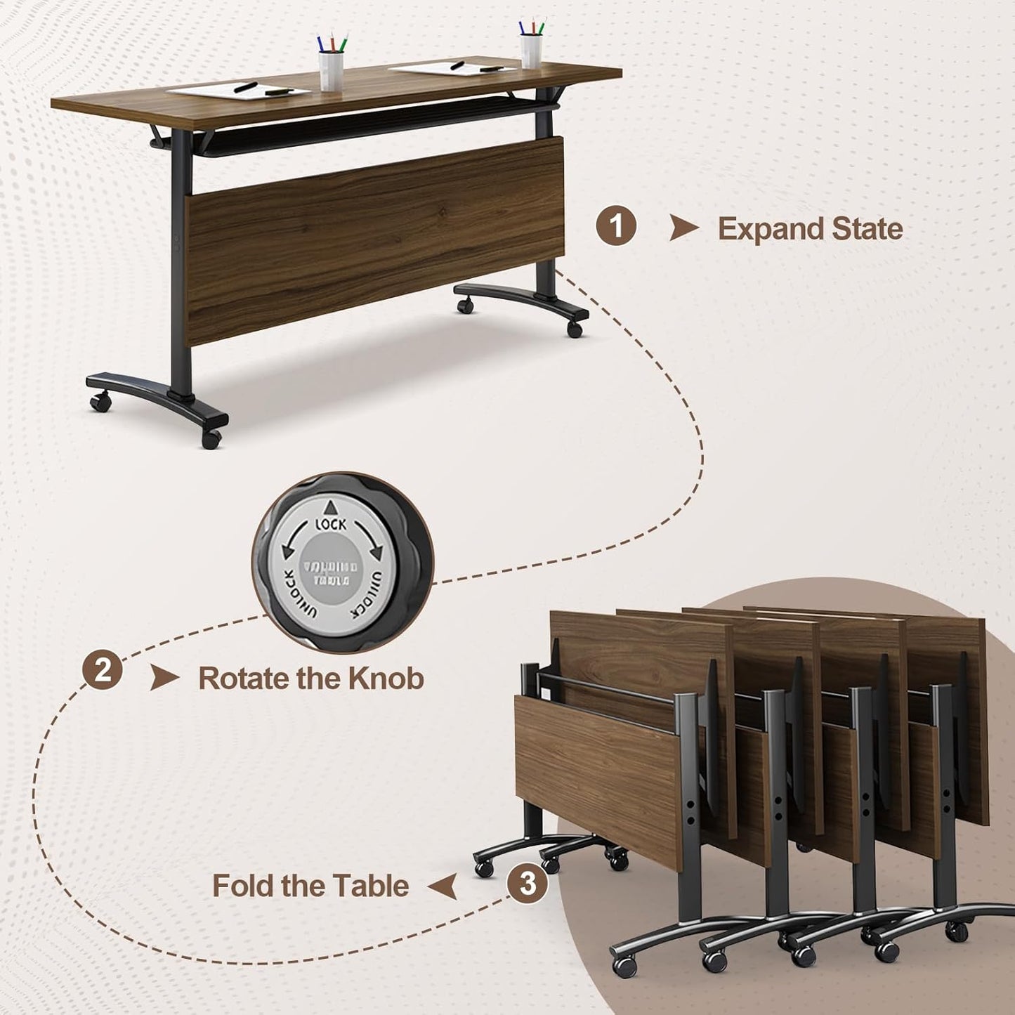 Folding Conference Room Table, Modern Conference Tables with Wheels, Large Rectangular Mobile Training Tables for Office Classroom, Foldable Modular Boardroom Seminar Table Walnut (10pack L55.1in)