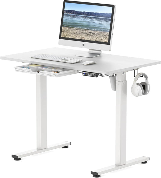 SHW 40-Inch Electric Height Adjustable Standing Desk with Drawer, Memory Preset and Cable Management Tray, White
