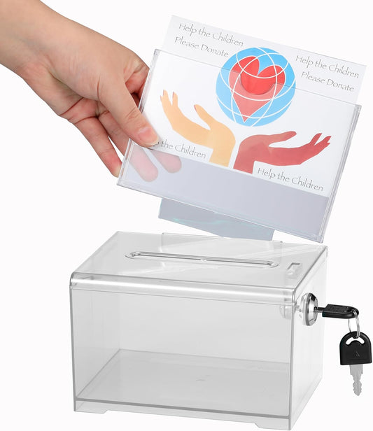 Adir Suggestion Box with Slot and Lock – Acrylic Donation Box for Fundraising, Drawing Box for Raffle, Funraiser Box, Tip Box with Lock - 6.25x4.5x 4 Inches voting box with slot and Sign Holder
