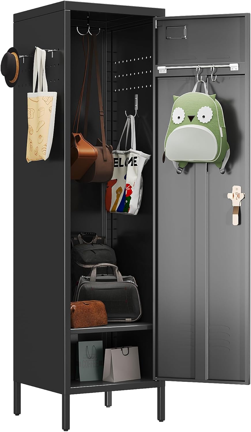 1 Door Metal Storage Locker with Handle and Hanging Rod,Metal Locker for Employees with Pegboard and Hooks for Gym, School, Office,Home,Garage,Grey,Assembly Required,Black