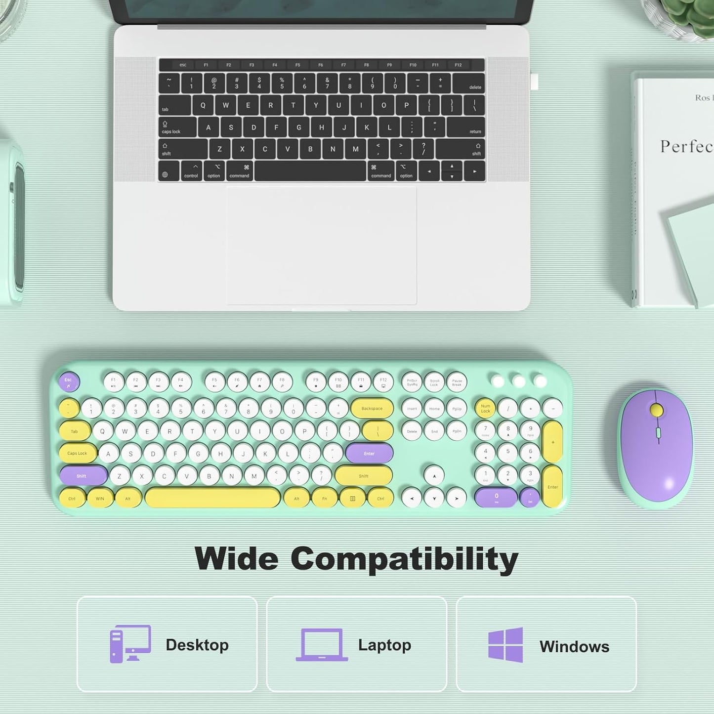 Wireless Keyboard and Mouse Combo, USB 2.4GHz Full Size Typewriter Keyboard with Number Pad and Colorful Mouse for Office PC Computer Desktop Laptop Windows 7 8 10 (Mint Green)