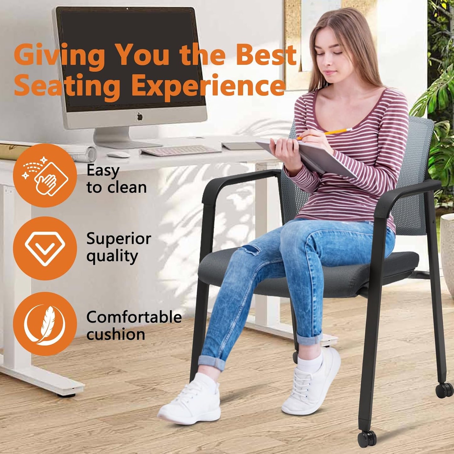 CLATINA Grey Waiting Room Chair with Wheels Mesh Back Stacking Arm Chairs with Upholstered Fabric Seat and Ergonomic Lumbar Support for Office School Church Guest Reception