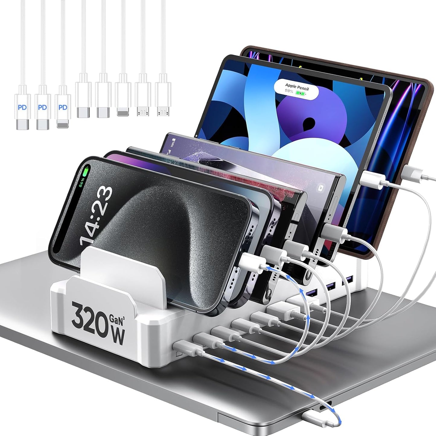 320W Charging Station for Multiple Devices, Zobirez 10-Port USB C Fast Charger Stations for MacBook, iPhone, Android Cell Phone, iPad, Tablet, Family Multi-Device Organizer Charging Dock, White