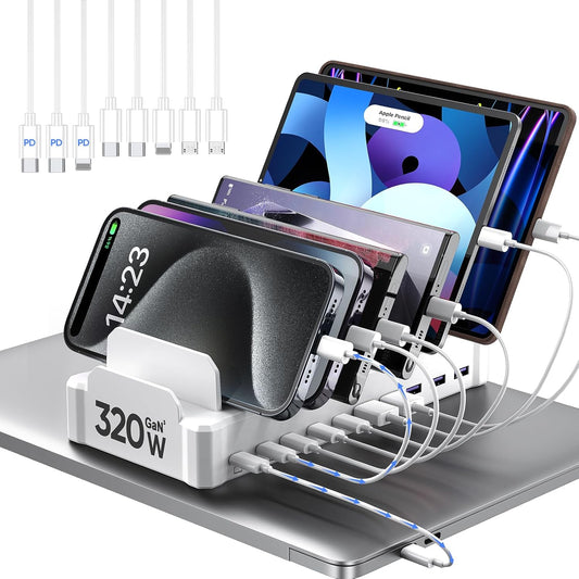 320W Charging Station for Multiple Devices, Zobirez 10-Port USB C Fast Charger Stations for MacBook, iPhone, Android Cell Phone, iPad, Tablet, Family Multi-Device Organizer Charging Dock, White