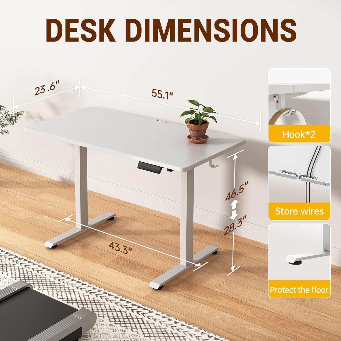 Veken 47.2 Inch Large Electric Standing Desk, 4 Memory Heights Adjustable,Sit to Stand Up, Work Home Office Computer Table for Study, Walking Pad, Writing, and Games, Wooden Desktop Desks, White