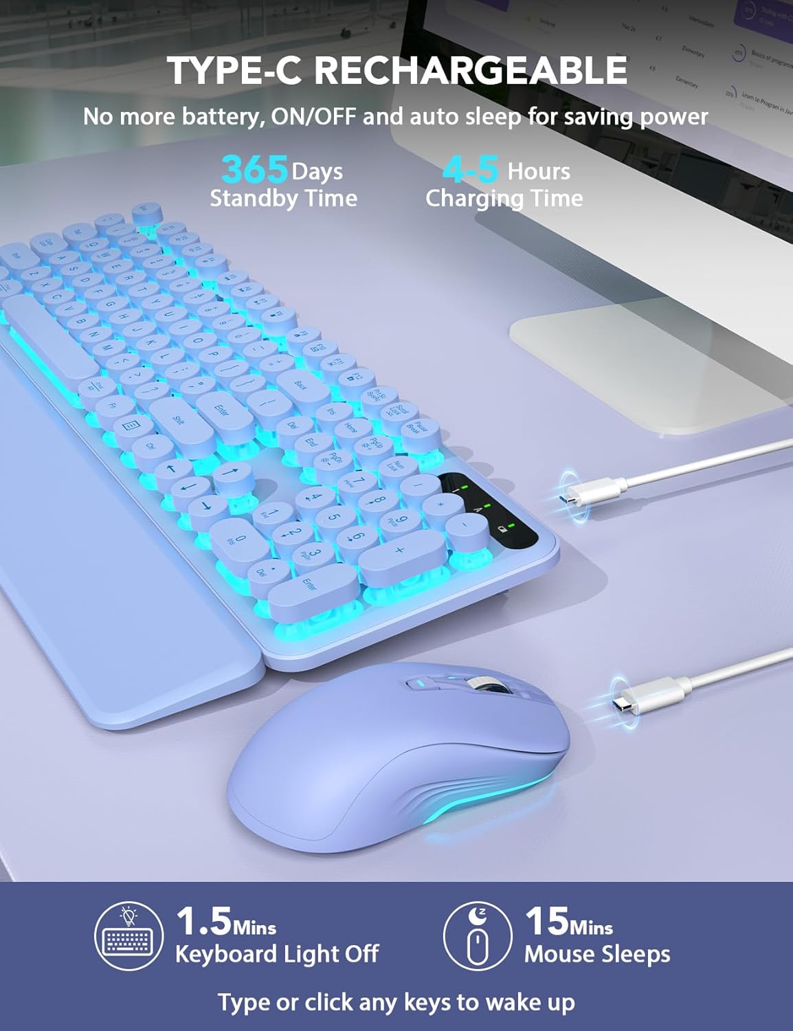 Wireless Keyboard and Mouse Backlit - Typewriter Keyboard with Retro Round Keycaps, Detachable Wrist Rest, Light Up Letters, 2.4G Rechargeable Combo for Mac, Windows, PC, Laptop, Trueque (Purple)