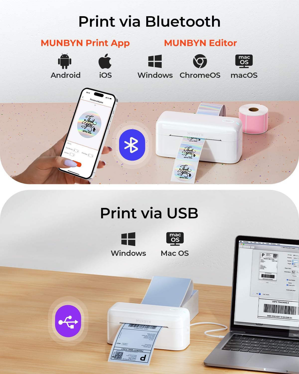 MUNBYN Bluetooth Thermal Label Printer RealWriter RW402B, 4x6 Shipping Label Printer for Small Business, Compatible with Android, iPhone and Windows, Mac, Chromebook, Ebay, USPS, FedEx, Shopify