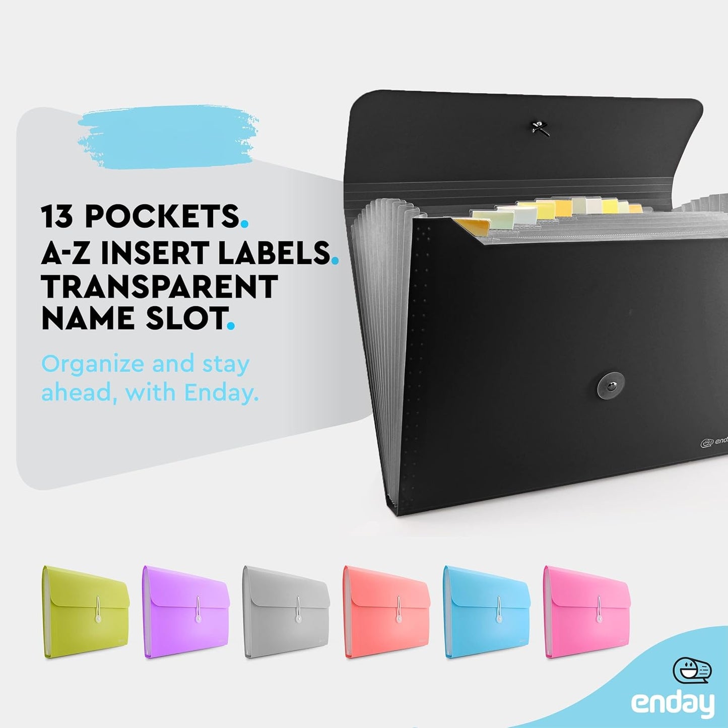 Accordion File Organizer Black, 13 Pocket Expanding File and Cover Folder with Labels, Plastic Portable Desktop Letter A4 Paper – by Enday