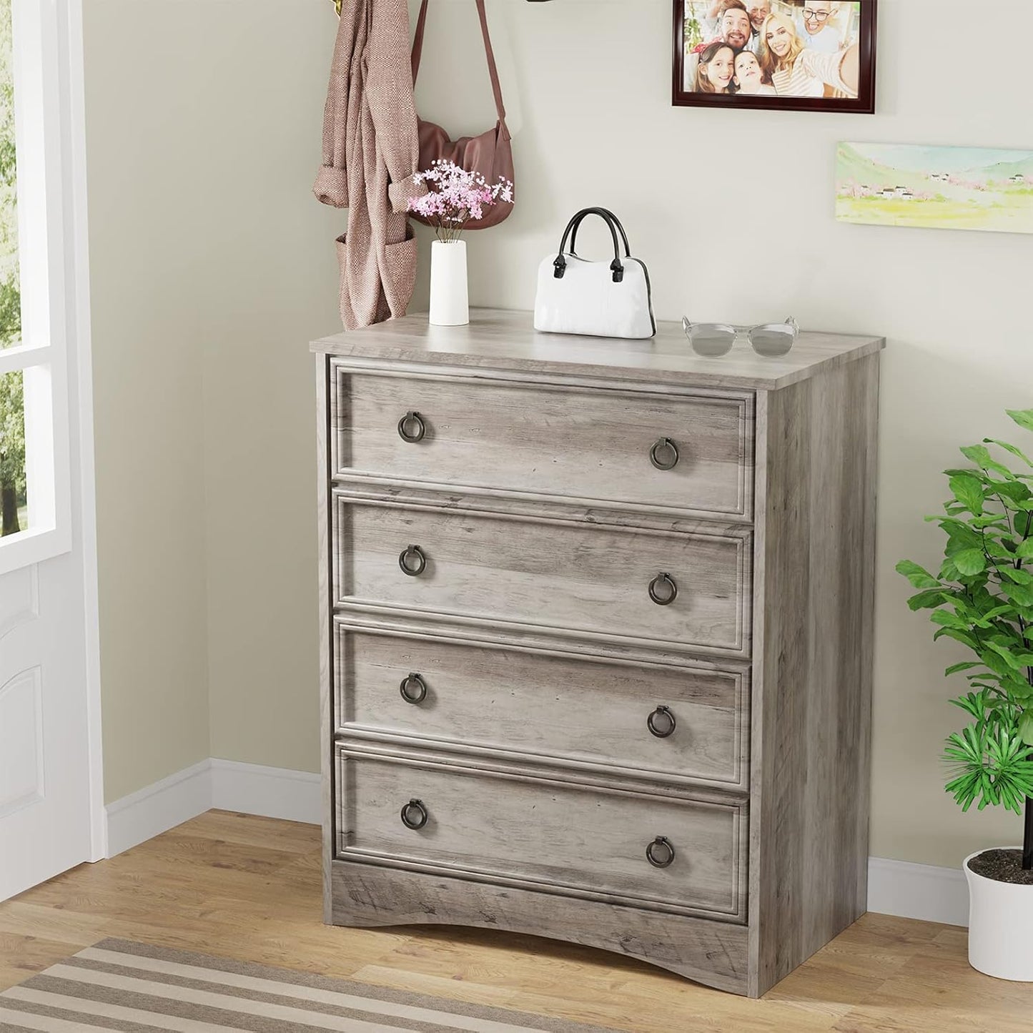 LGHM Modern 4 Drawer Dresser, Dressers for Bedroom, Tall Chest of Drawers Closet Organizers and Storage for Clothes - Easy Pull Handle, Textured Borders Drawers for Living Room, Hallway, Gray