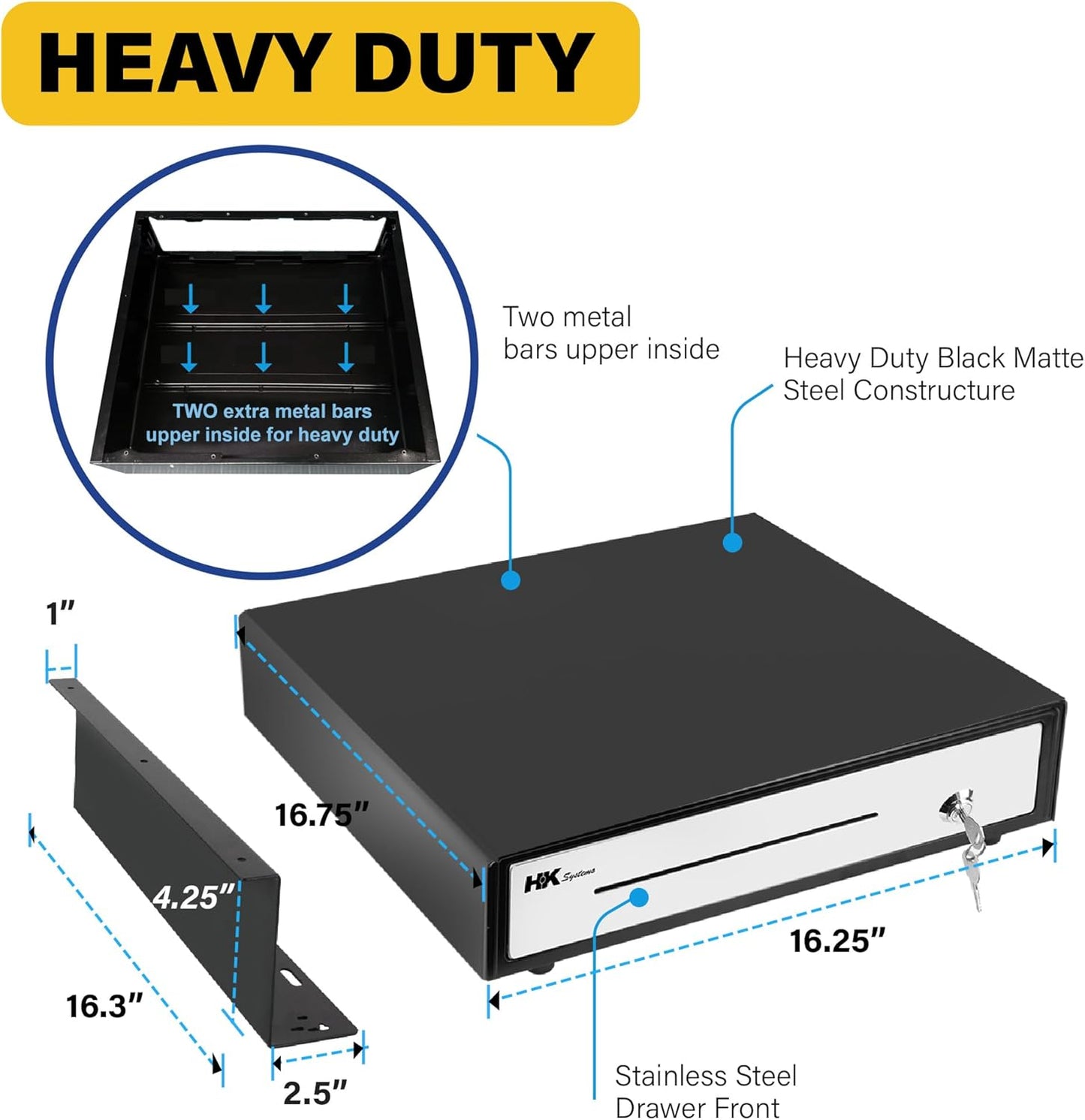 HK SYSTEMS 16""Stainless Steel" Front Heavy Duty Black POS Cash Drawer with 5Bill/5Coin with Under Counter Mounting Metal Bracket and Till Cover