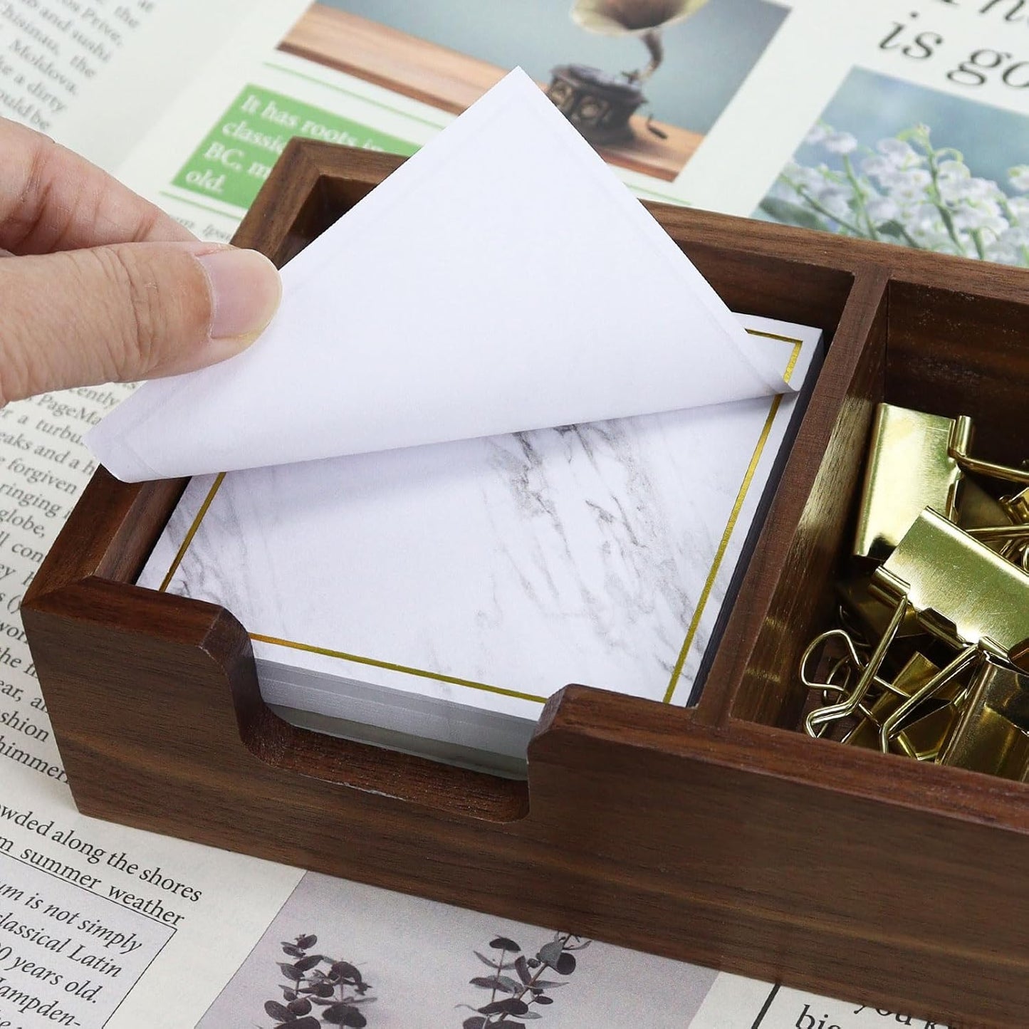 MultiBey Walnut Sticky Note Holder for Desk - 2-in-1 Organizer with Paper Clip Tray & 3x3 Post It Dispenser, Wood Self Stick Memo Pad Holder Dispenser Supplies Organizer for Office Home Schools