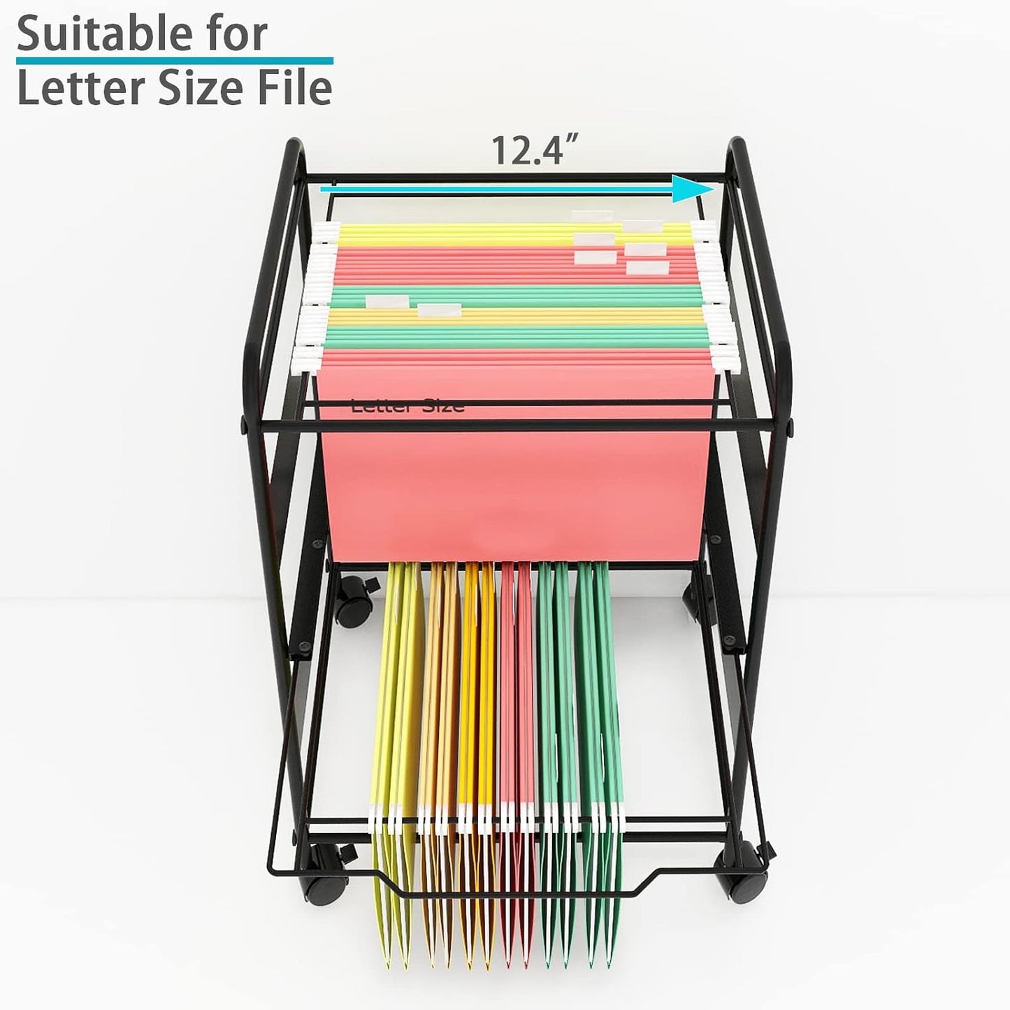 PUNCIA 2-Tier Metal Rolling File Cart with Wheels and Hanging Files for Letter Size - Movable Pull-Out Folder Rack Drawer Cabinet for Home Office