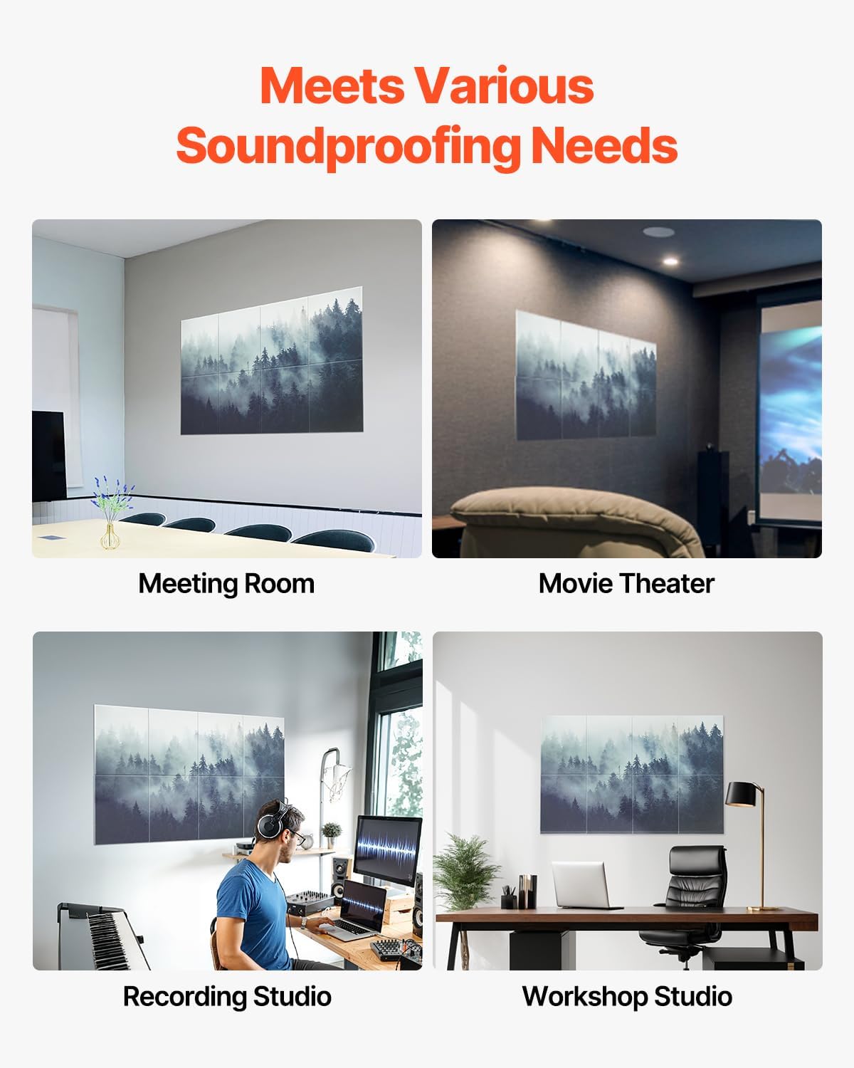 VEVOR 8 Pack Art Acoustic Panels, 63 x 23.62 x 0.4 inch Soundproof Wall Tiles, Self Adhesive Decorative Sound Dampening Absorbing Boards for Home, Office, Studio, Gaming Room,Theater,Forest