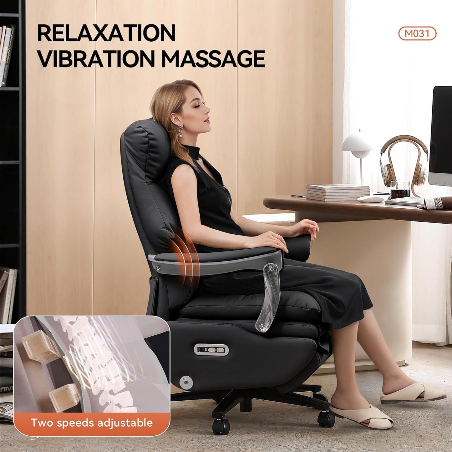 Dual Motor Electric Real Leather Executive Office Chair with Foot Rest, Comfortable Reclining Office Chair with Massage, Big and Tall High Back Comfy Ergonomic Home Office Desk Chairs 400lbs, Black