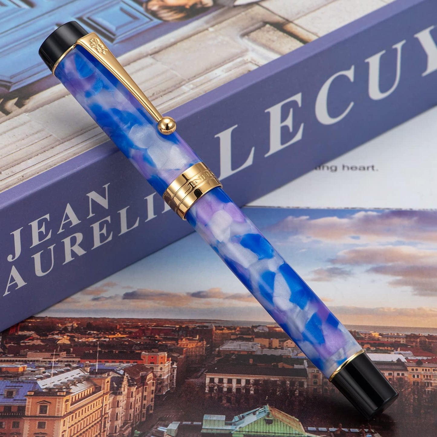 Jinhao 100 Fountain Pen Celluloid Classic Style, #6 Nib Smooth Writing Instrument with Refillable Converter and Pen Case Set