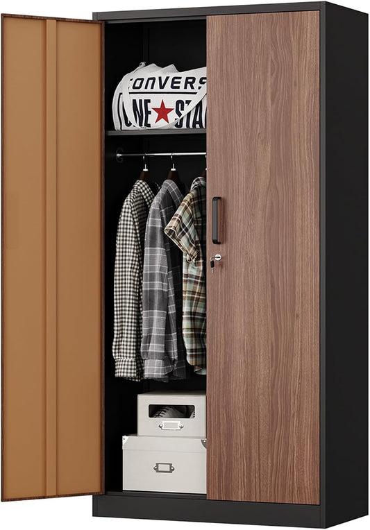 MIIIKO Metal Wardrobe Cabinet with Locking Doors, Metal Storage Armoire Closet for Clothing, 2 Door Woodgrain Locker Cabinet with Adjustable Shelves for Bedroom, Locker Room, Home Office and Garage…