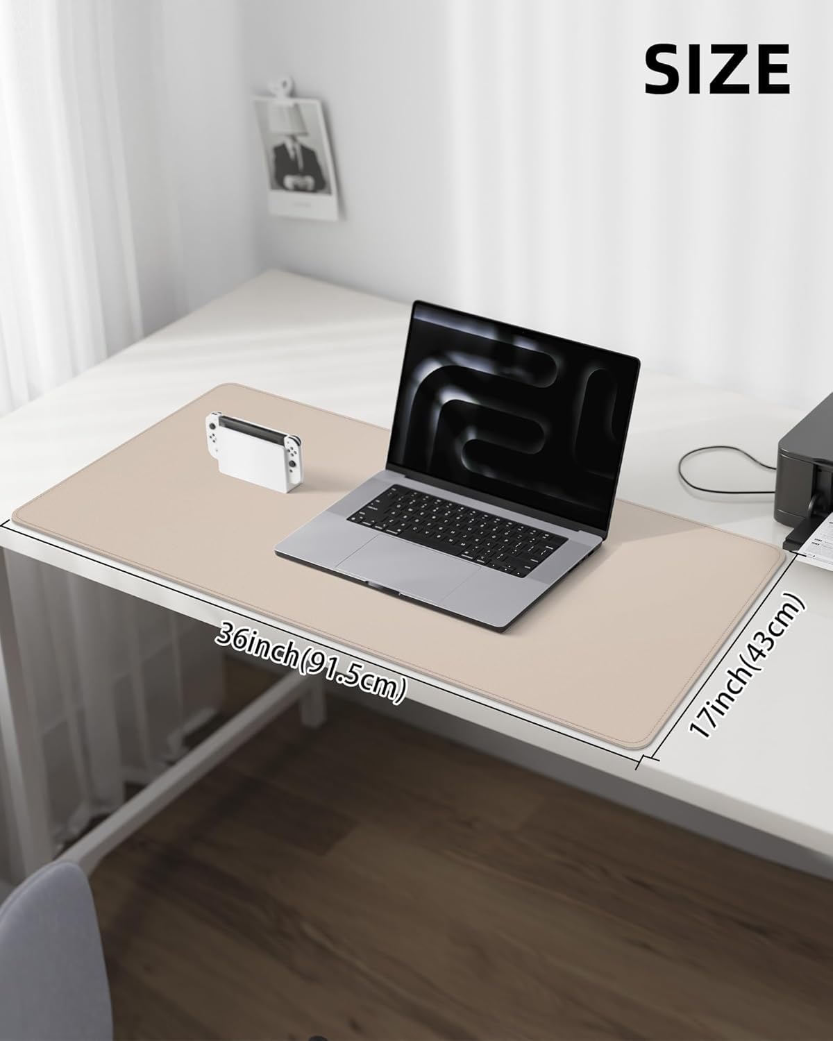 Large Desk Mouse Pad Protector, Stitched Locking Edge Non-Slip PU Leather Desk Mat Laptop Table Pad Blotter, Waterproof Durable Writing Pad for Office and Home (Beige, 90 x 43cm)