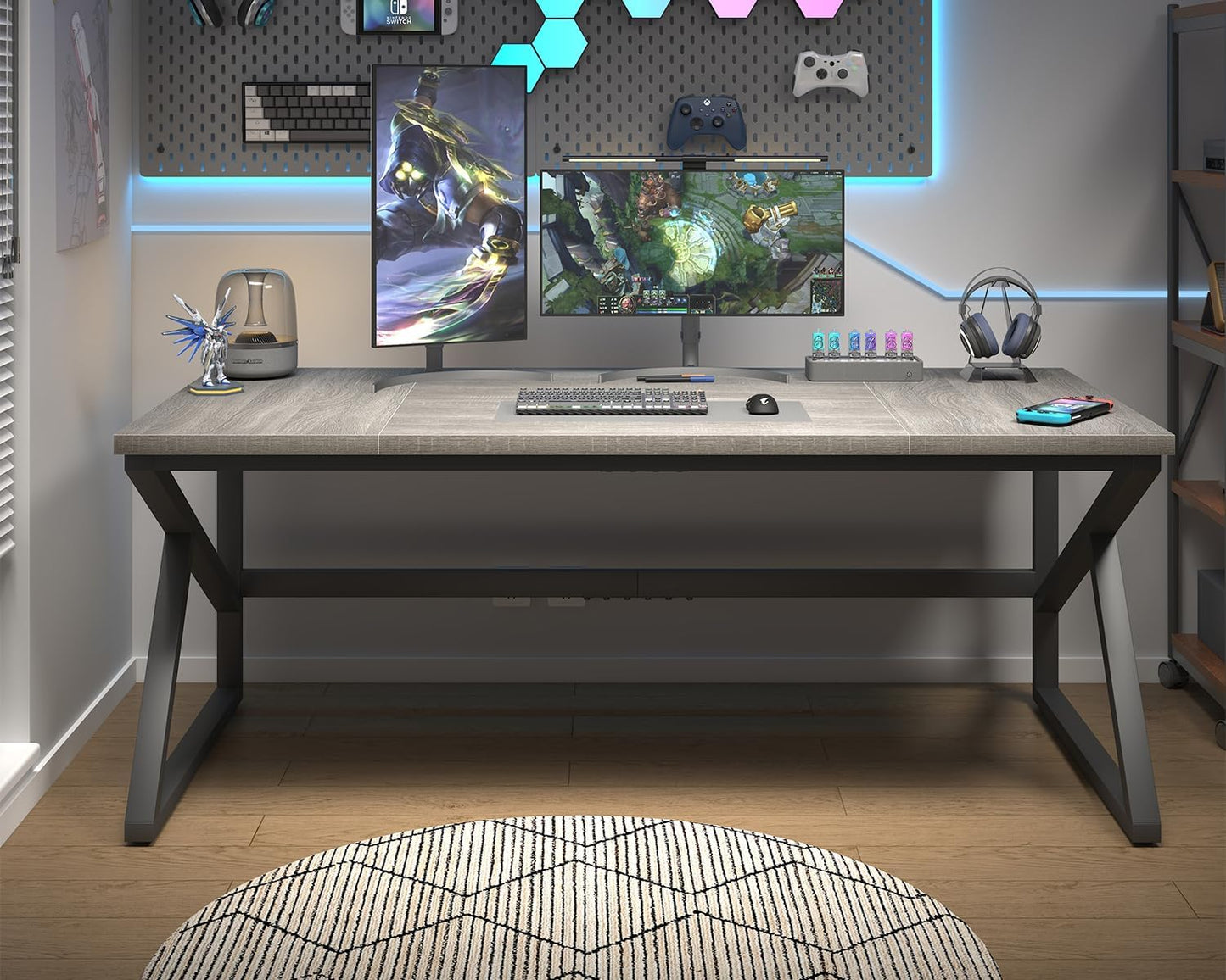 HSH 70 Inch Long Grey Desk, Large Home Office Computer Desk for 2 People, Industrial Wood and Metal Executive Work Writing Study Gaming Desk Table, Modern Bedroom Simple PC Laptop Desk Double Desk
