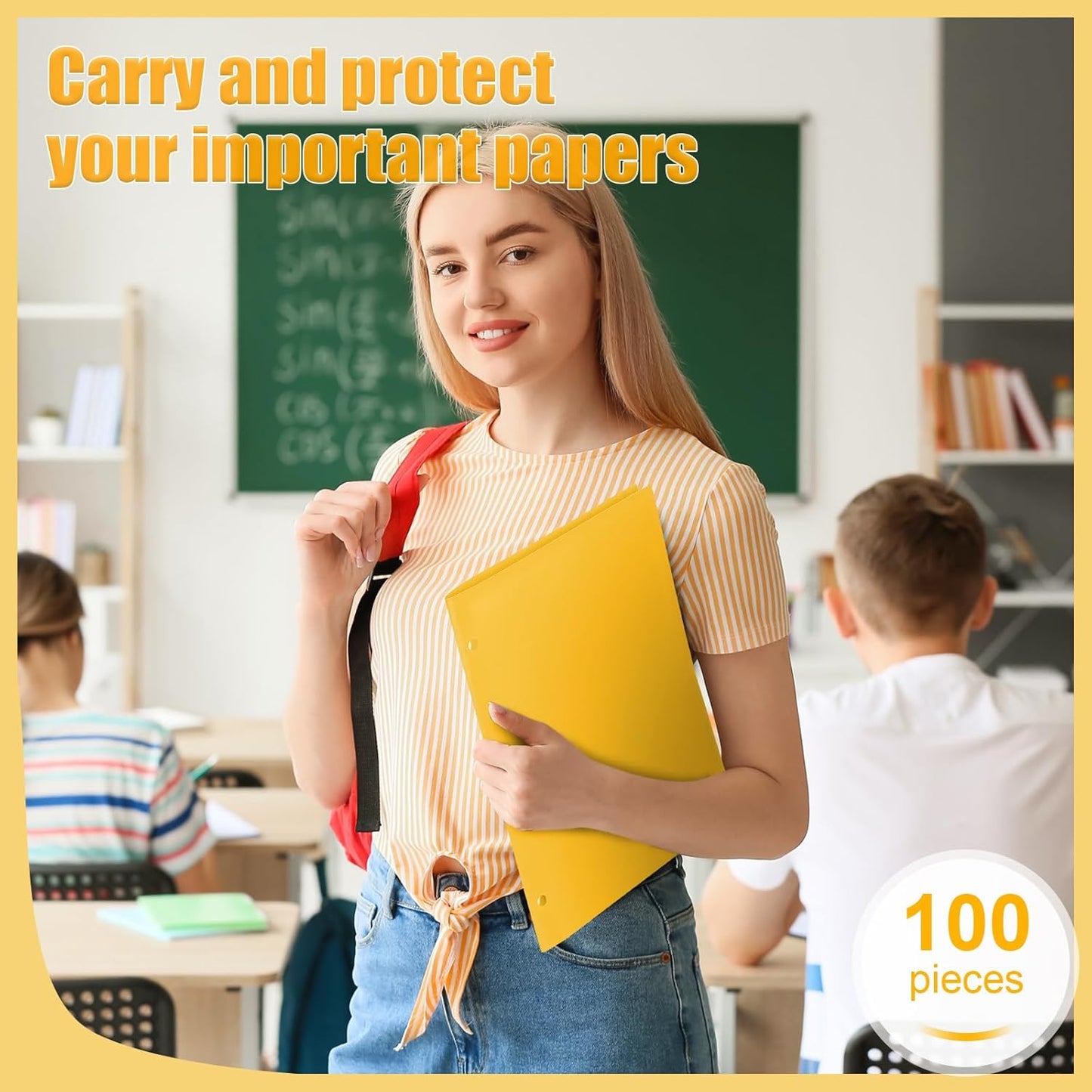 Yeaqee 100 Pcs Plastic Folders with Pockets Bulk 3 Hole Punched 2 Pocket File Folders for 3 Ring Binder Divider Folder for Notebooks, Durable Poly for Office Home (Yellow)