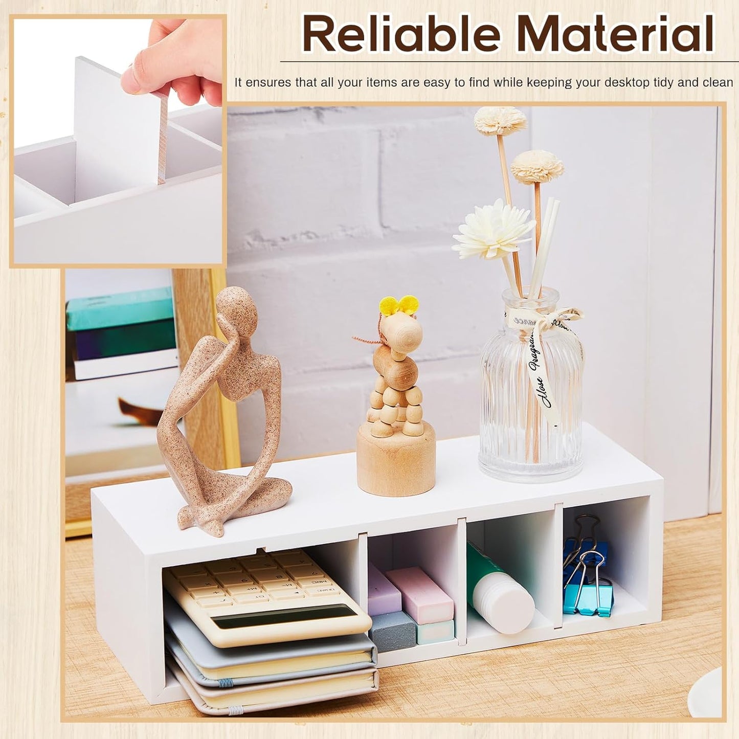 Jetec Wooden Pencil Holder 5 Compartments for Desk Adjustable Pen Holder Wood Office Desk Organizers and Accessories Makeup Brush Organizer for Pen, Home, Office and Art Supplies (White)