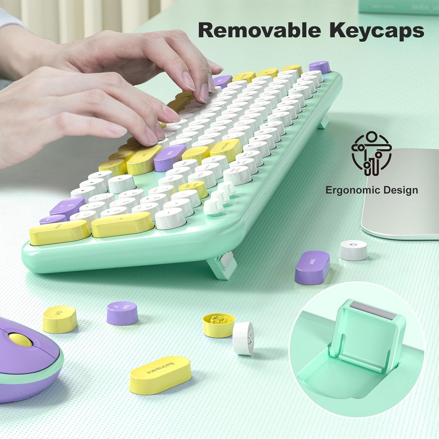 MOFII Wireless Keyboard and Mouse Combo, Cute Keyboard Full Size and Wireless Mouse, 2.4GHz Retro Typewriter Keyboard and Mouse Set for PC/Desktop/Laptop/Windows (Mint Green)