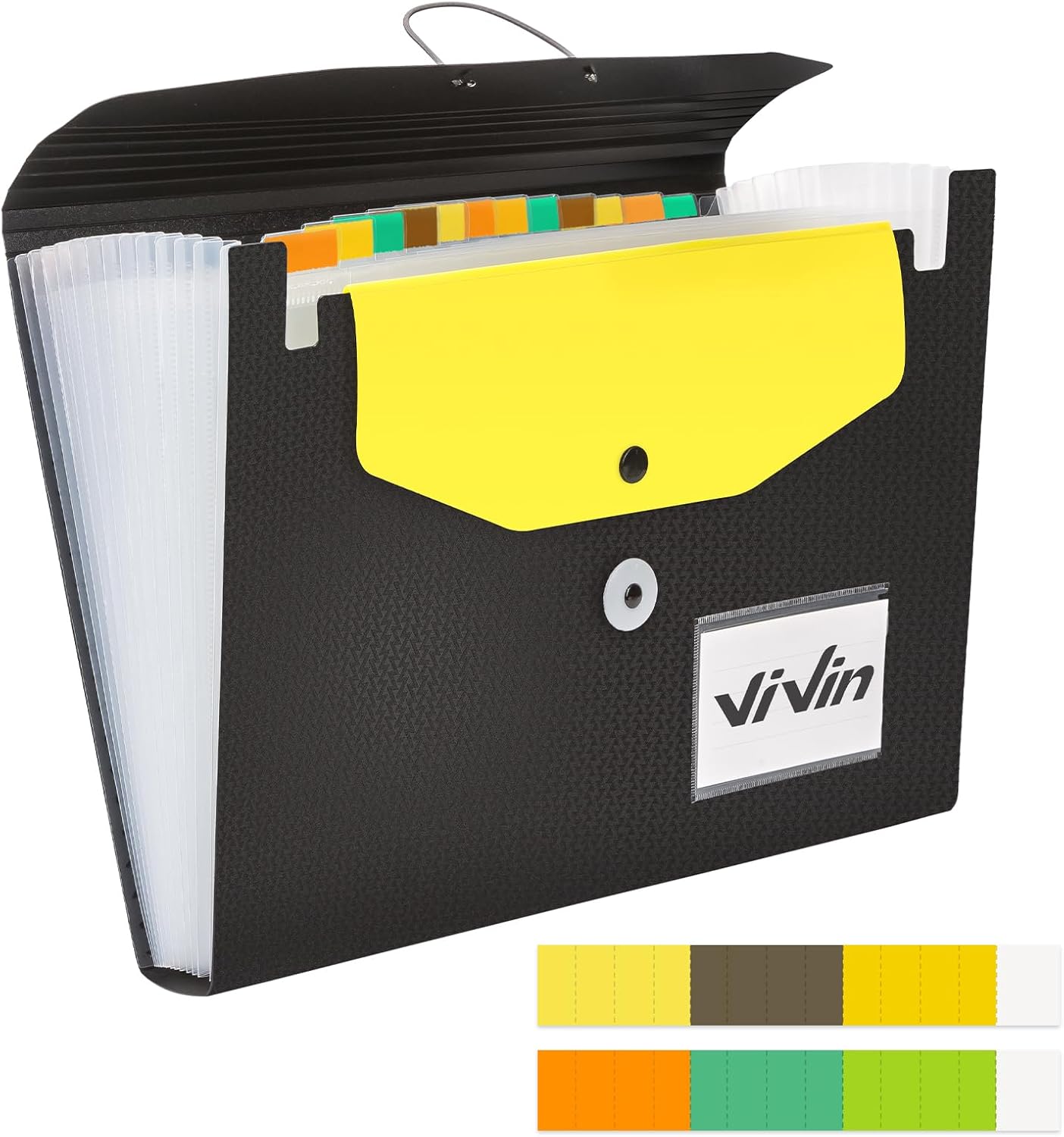 ViVin Expanding File Organizer, 13-Pocket Accordion Filing Folders with Extra Pocket & Color Tabs, Sturdy Expandable Ducument Organizer for Receipt Bills Invoice, Letter/A4 Size - Black